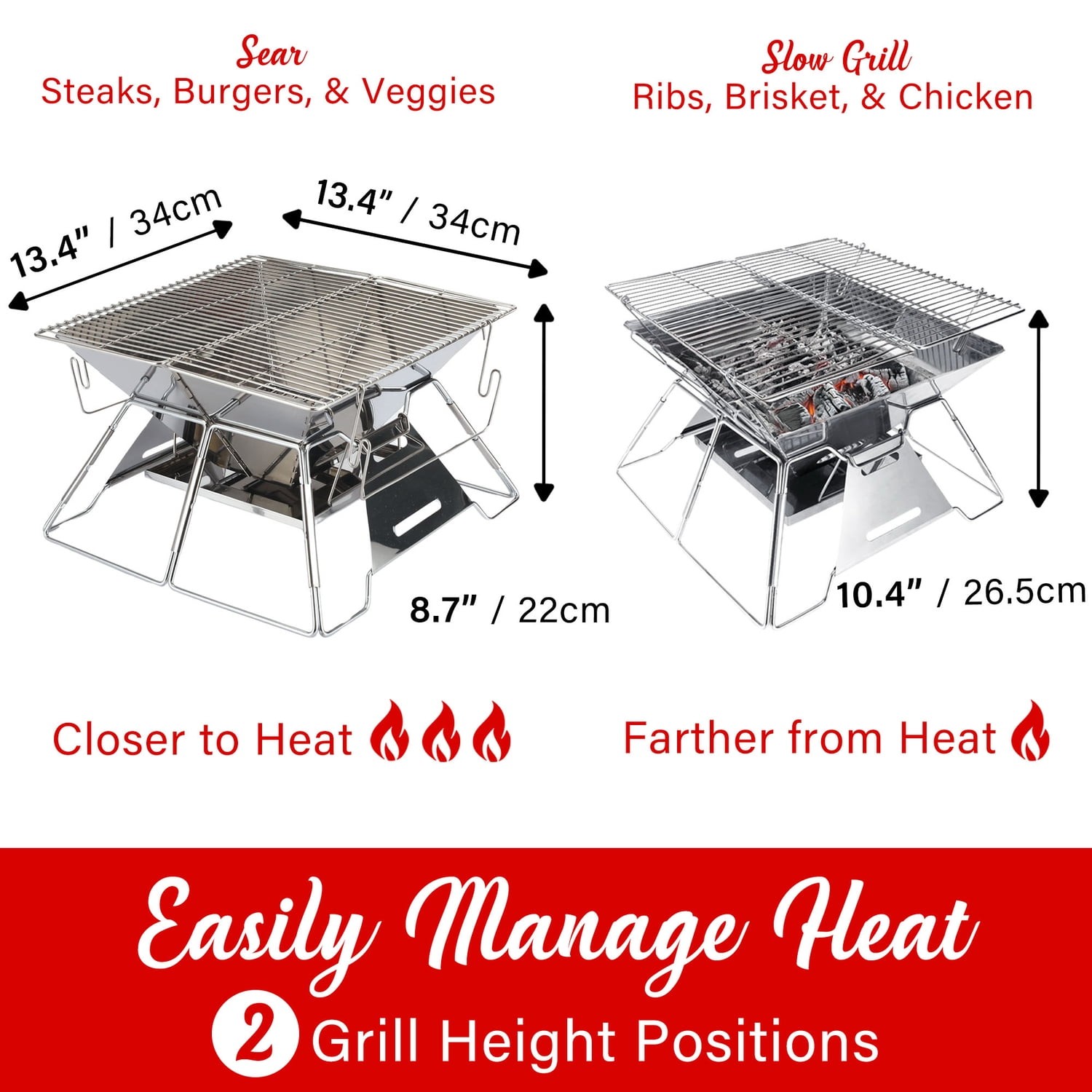 14-In. x 14-In. Stainless Steel Portable Folding Charcoal BBQ Grill and Outdoor