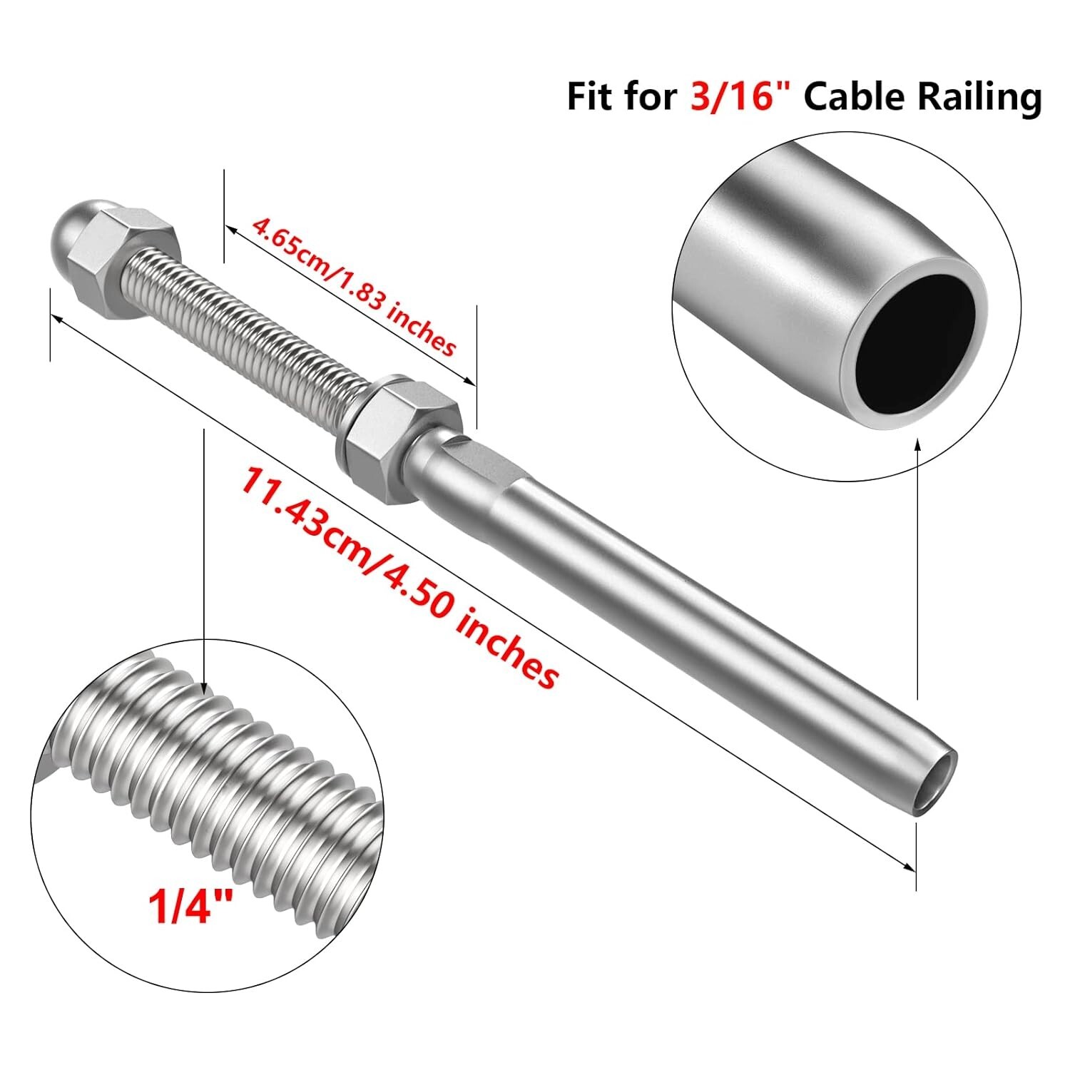 100 x T316 Stainless Steel Hand Swage Tensioner for 3/16» Cable Railing Systems