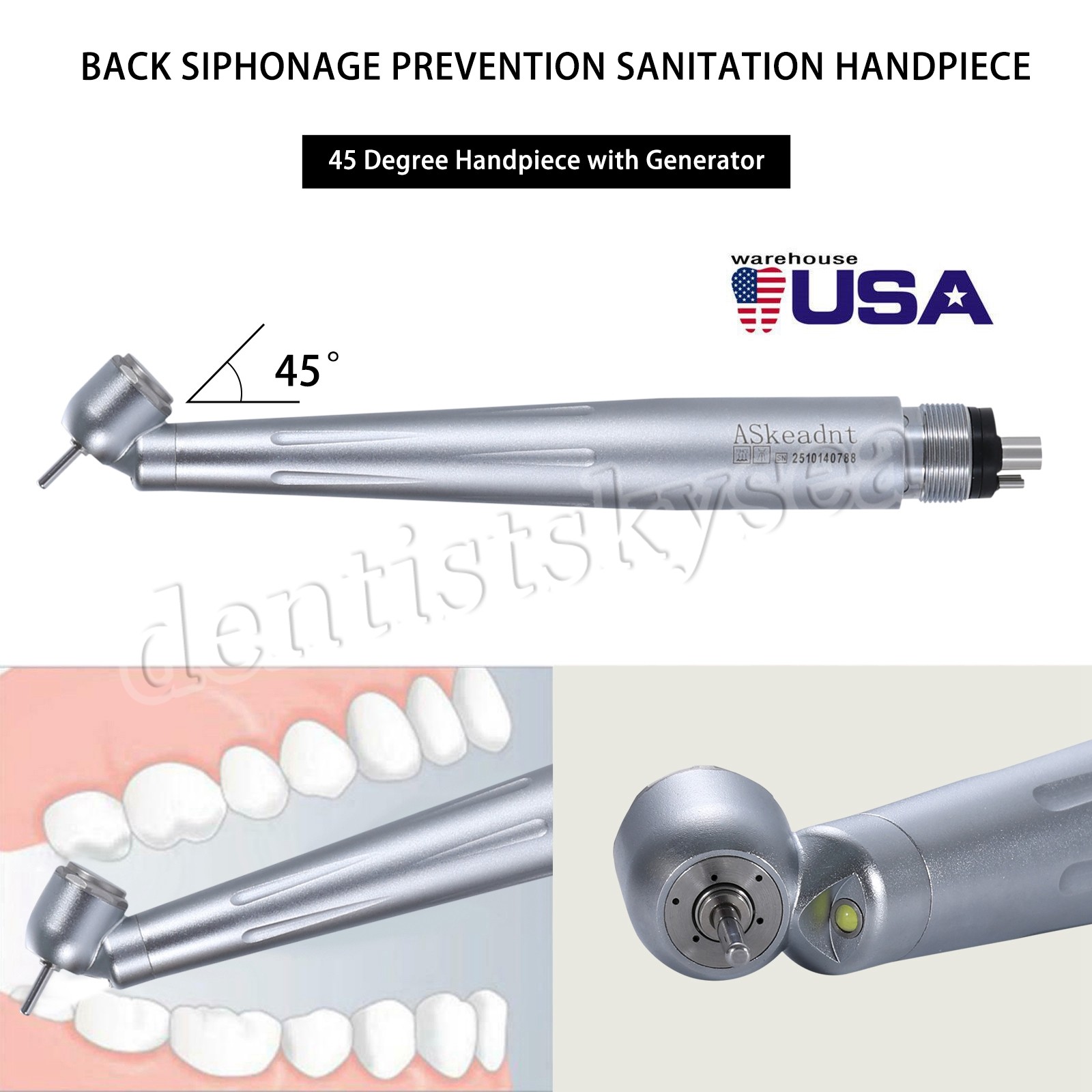 Dental 45 Degree LED/NO-LED High Speed Handpiece Ceramic Bearing 3Spray 4Holes