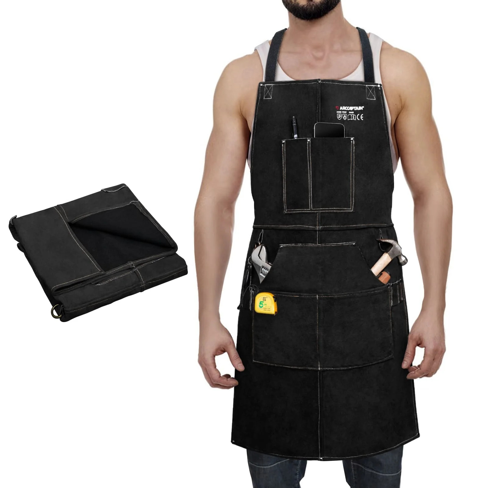 ARCCAPTAIN Leather Welding Apron Work Heat Flame Resistant Cowhide 6 Pockets New
