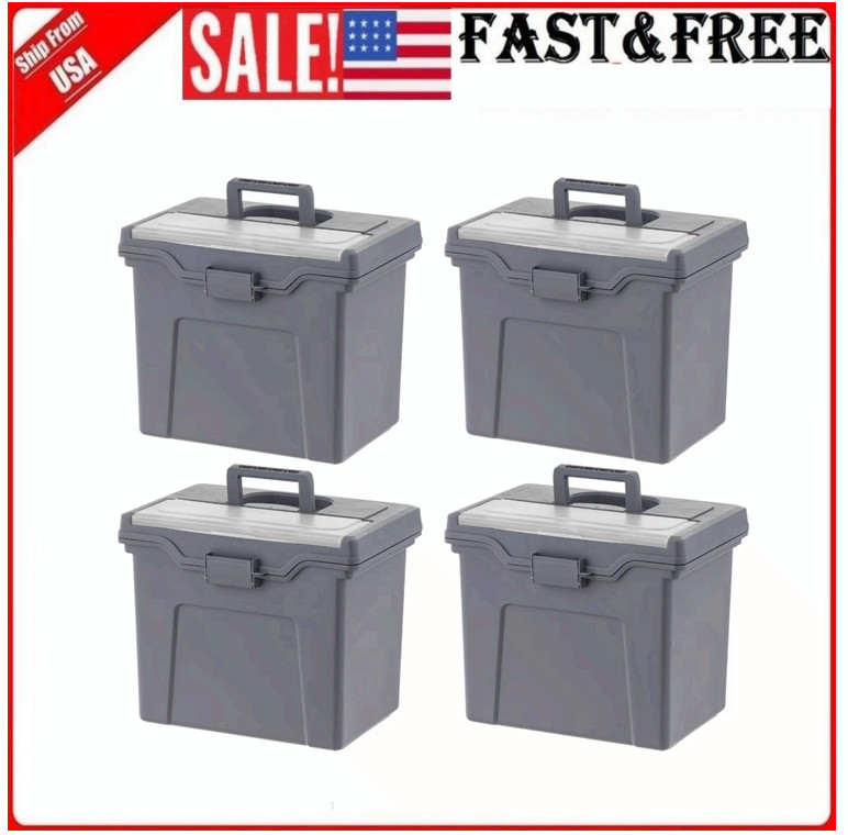 Portable Plastic File Box with Organizer Lid, Letter Size, Gray,4 Pk, Gray, New