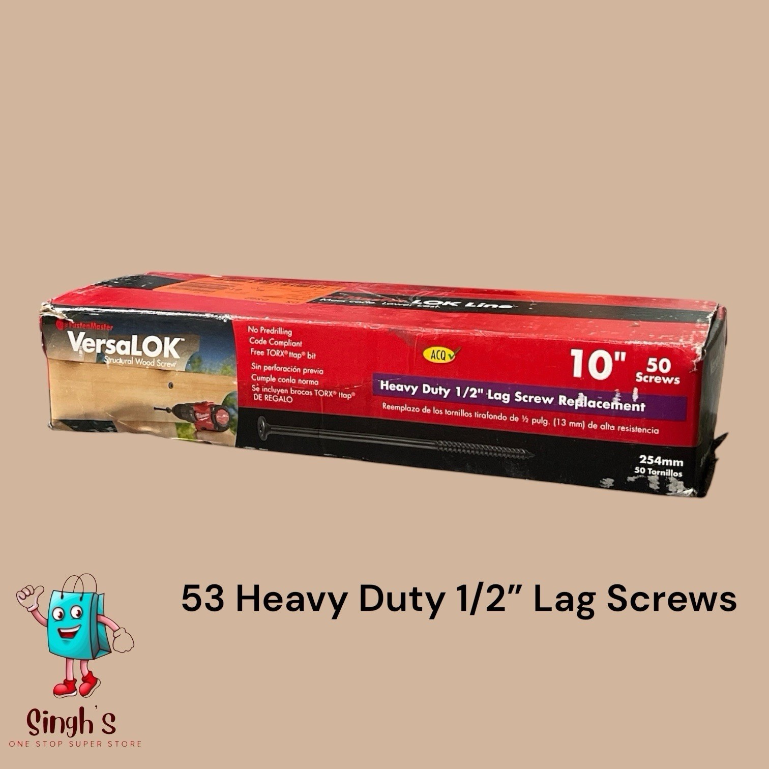 *53-PACK* FastenMaster VersaLOK 1/2″ x 10″ Structural Wood Lag Screws (S6)