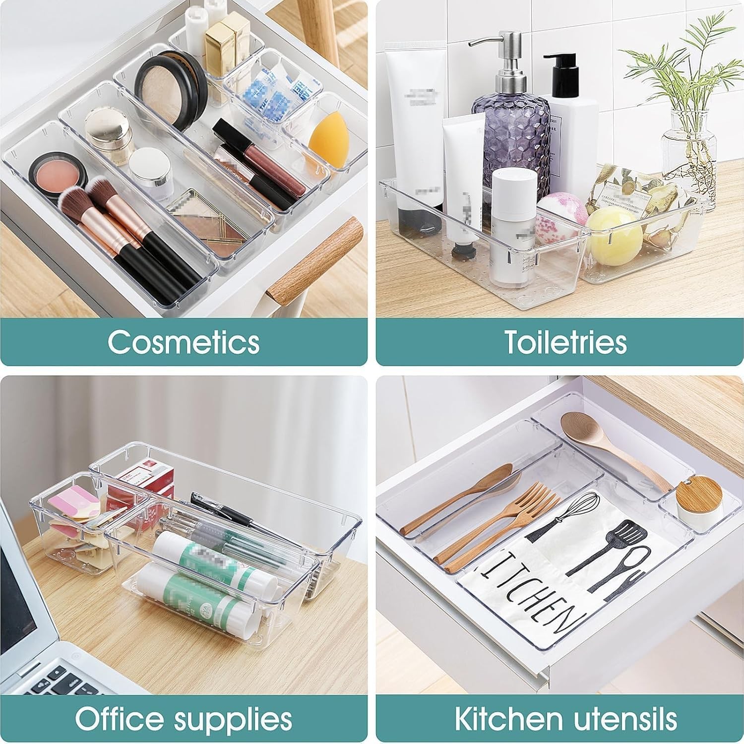 25 PCS Clear Plastic Drawer Organizer Set 4 Size Storage Bins for Makeup