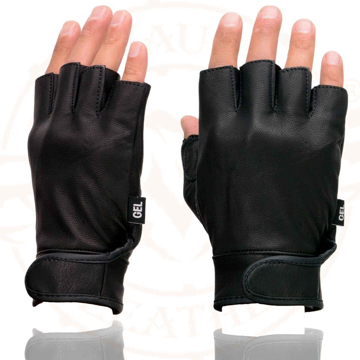 MG7585 Men’s Black Leather Gel Padded Palm Fingerless Motorcycle Hand Gloves w/F