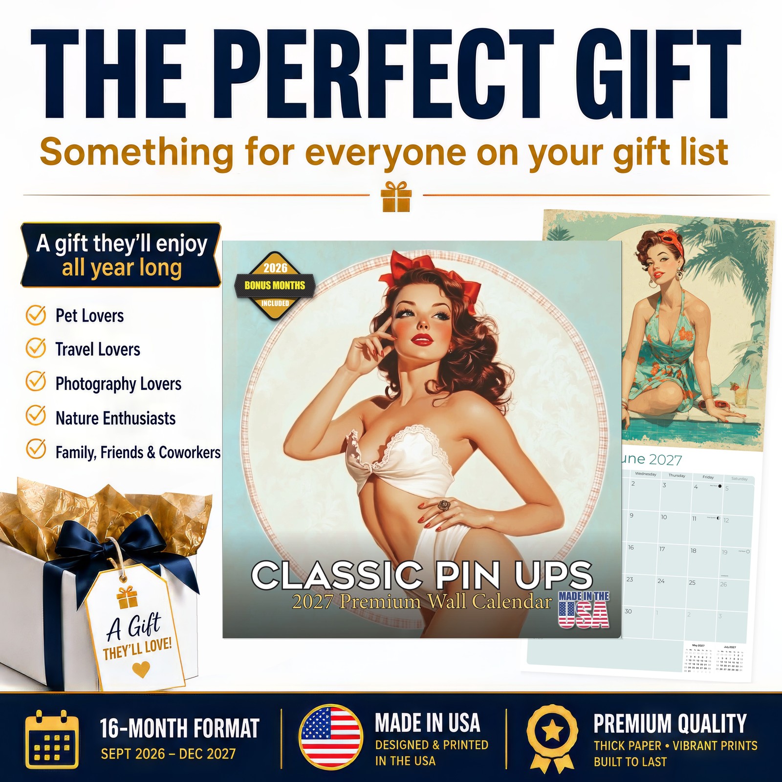 Classic Pin Up 2027 Wall Calendar with Bonus Months 12×12 Retro Art Gift Decor