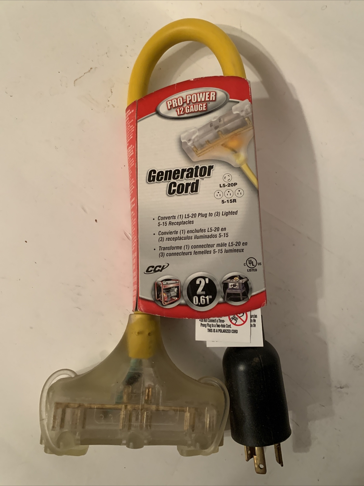 Pro-Power 12 Gauge Generator 2′ Cord – converts l5-20 plug to lighted 5-15