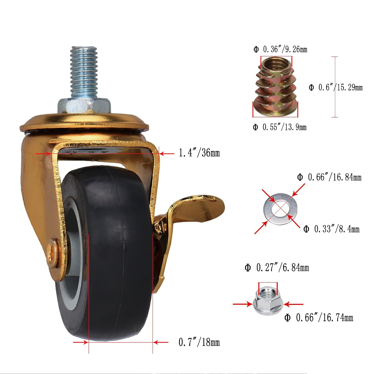 2 Inch Stem Caster Wheels with Brake, Metric Size M8-1.25-15 (Screw Diameter 8Mm