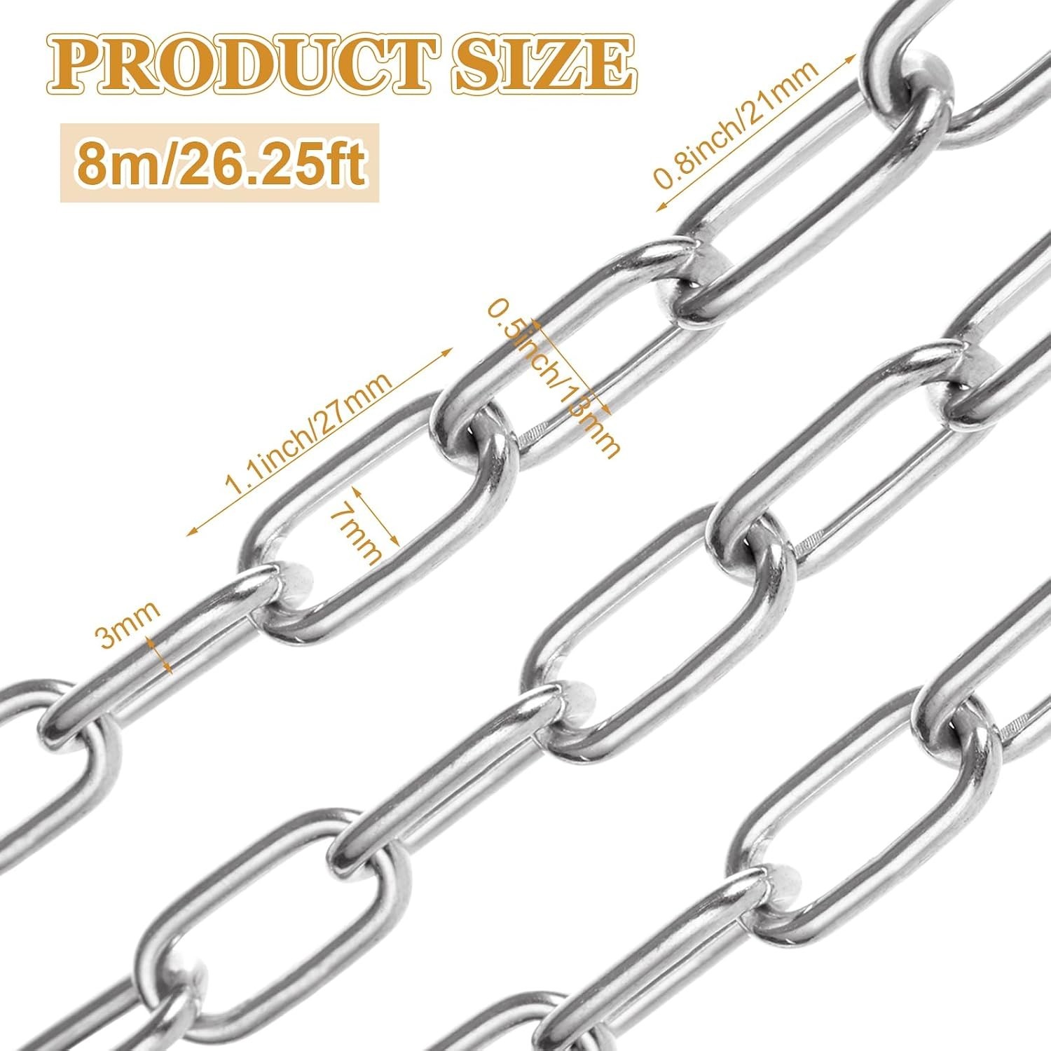 8M Galvanized Metal Coil Chain, 1/8In × 26.25Ft Heavy Duty Chain Links 3mm Sm…