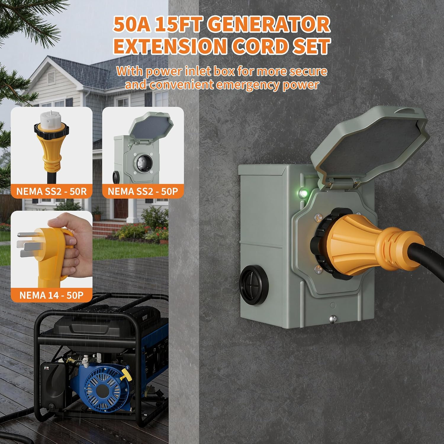 50FT 50 Amp Generator Cord & Inlet Box, NEMA 14-50P, ETL Listed