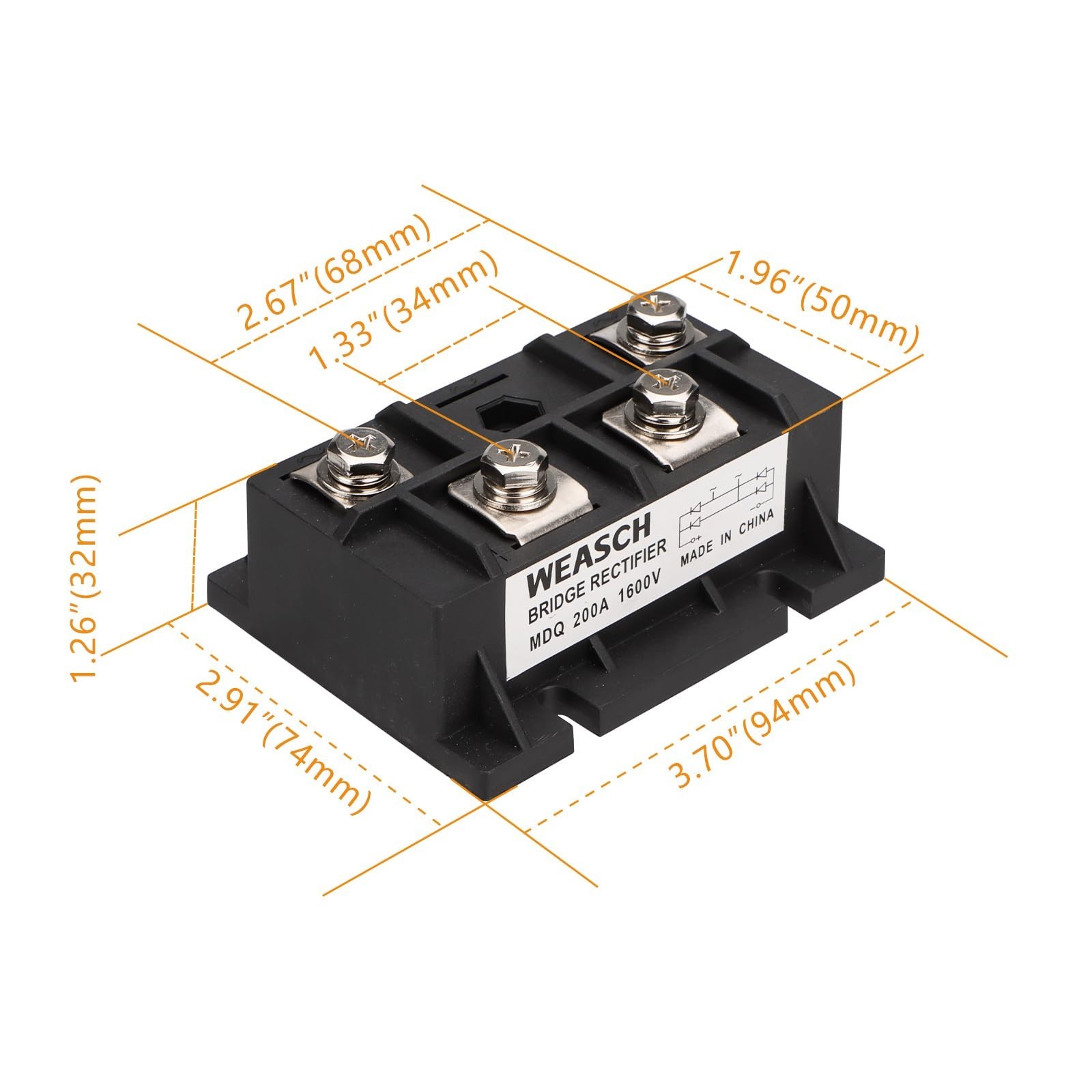 200A Bridge Rectifier Module, AC to DC Full Wave Diode, 1600V Single-Phase, Heat