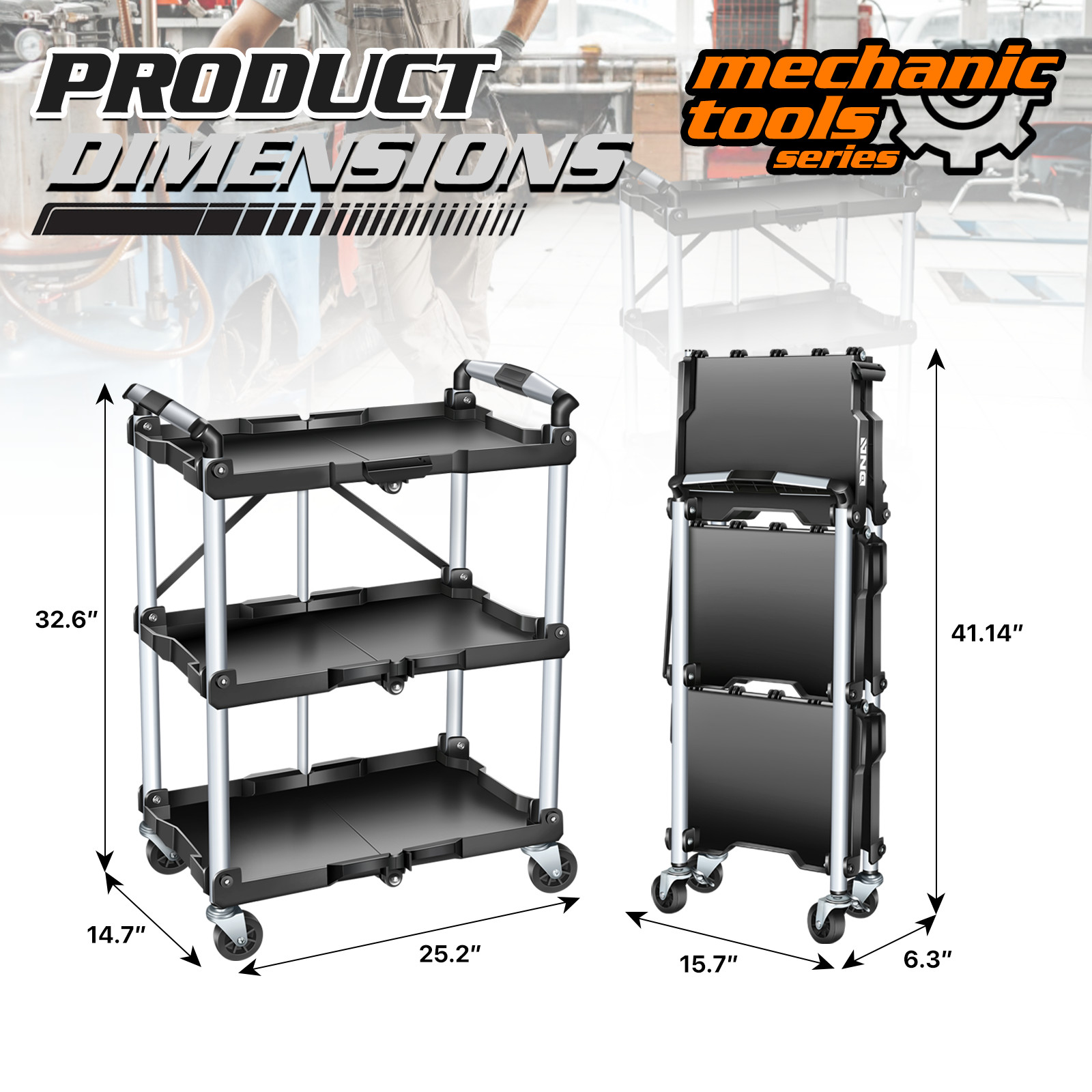 3 Tiers Rolling Tool Cart Workshop Tool Trolley Mobile Casters w/ Hanging Board