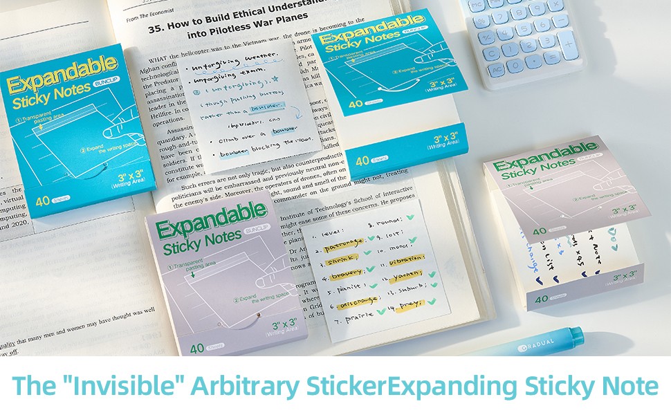 Expandable Sticky Notes, 4 Pack 3×3 Inch White Self-Stick Pads | 40 sheets per