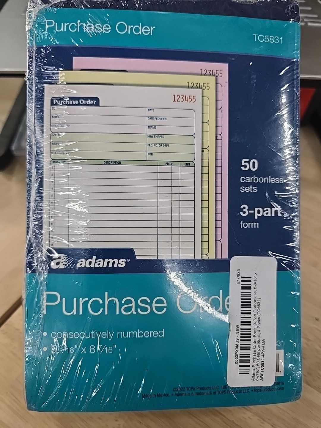 Adams TC5831 Purchase Order Book, 3-Part, Carbonless, 50 Sets Per Book : 4 Books