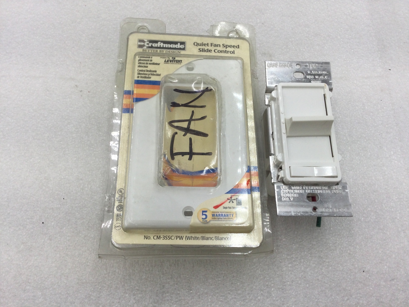 Leviton/Craftmade CM-3SSC/PW Single Gang Decora 3 Way/3 Speed Quite Fan Control