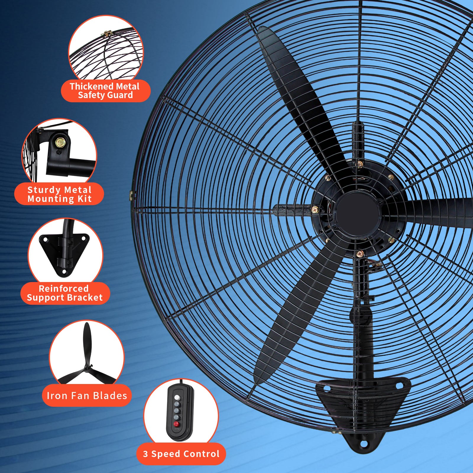 30″ In Wall Mount Oscillating Fan High Velocity 3 Speed Heavy Duty Metal Fan