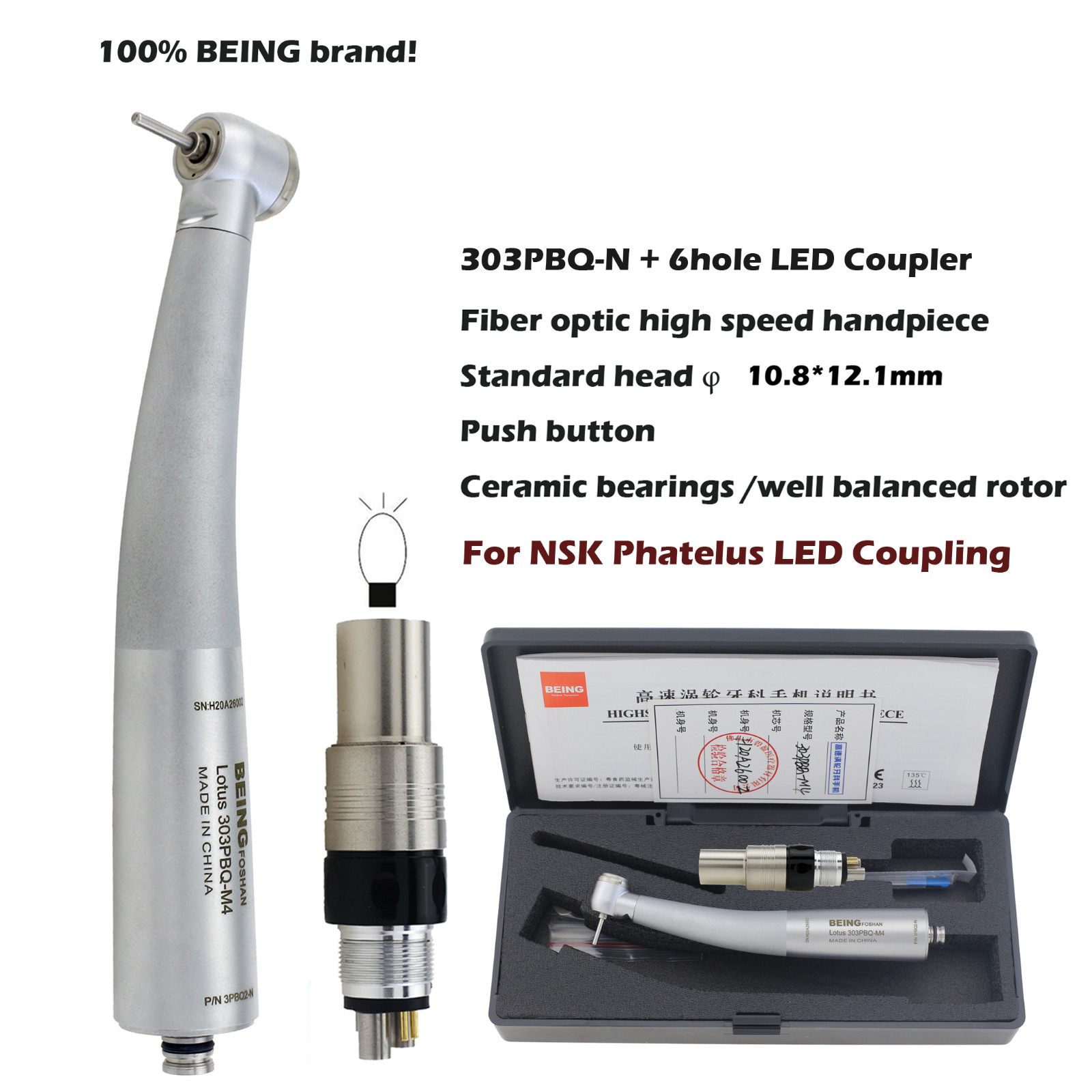 BEING Dental High Speed Turbine Handpiece Fiber Optic Fit NSK Machlite Coupling