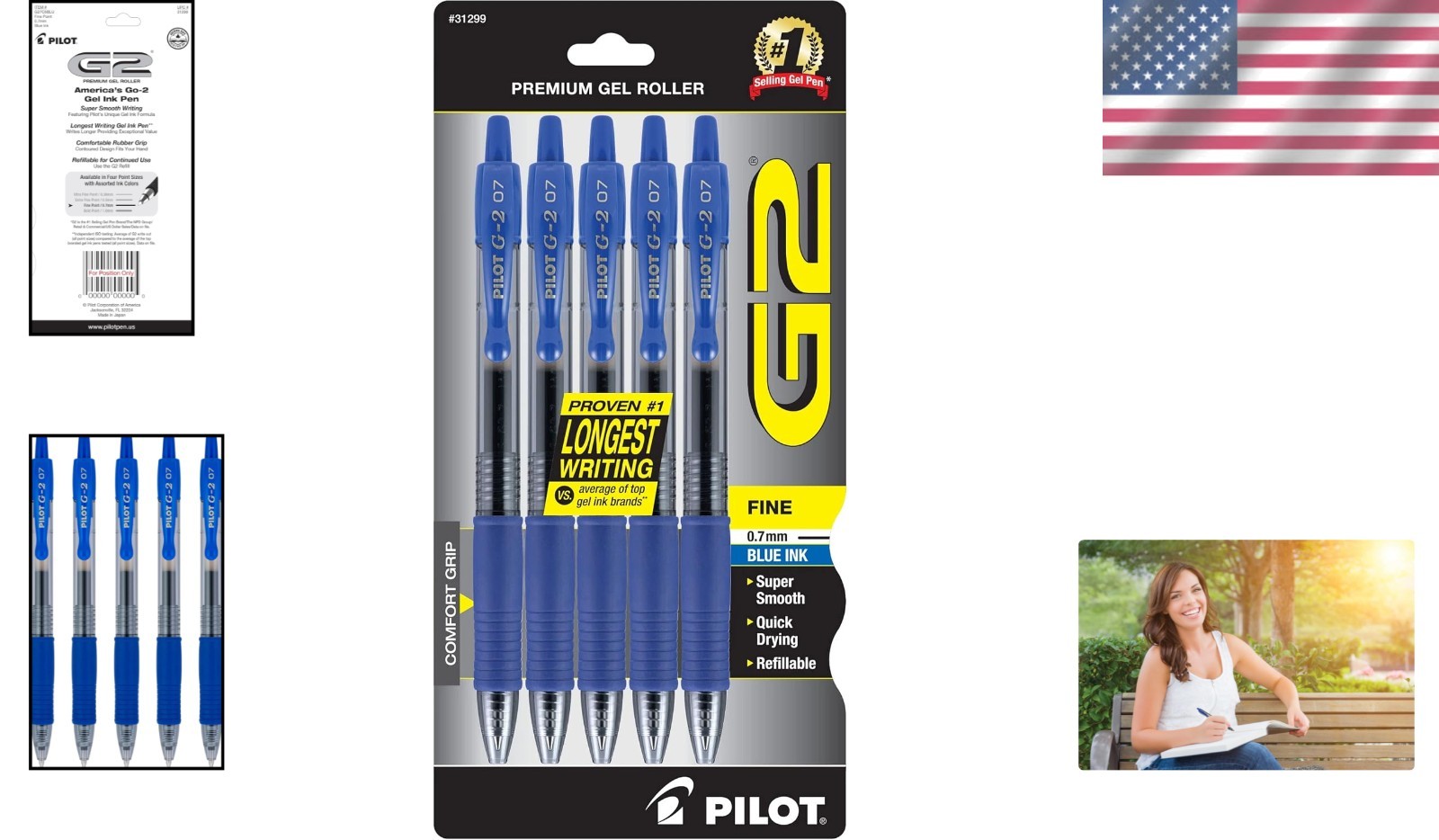 Pack of 5 G2 Gel Roller Pens – Refillable 0.7mm Fine Blue Ink for Everyday Use