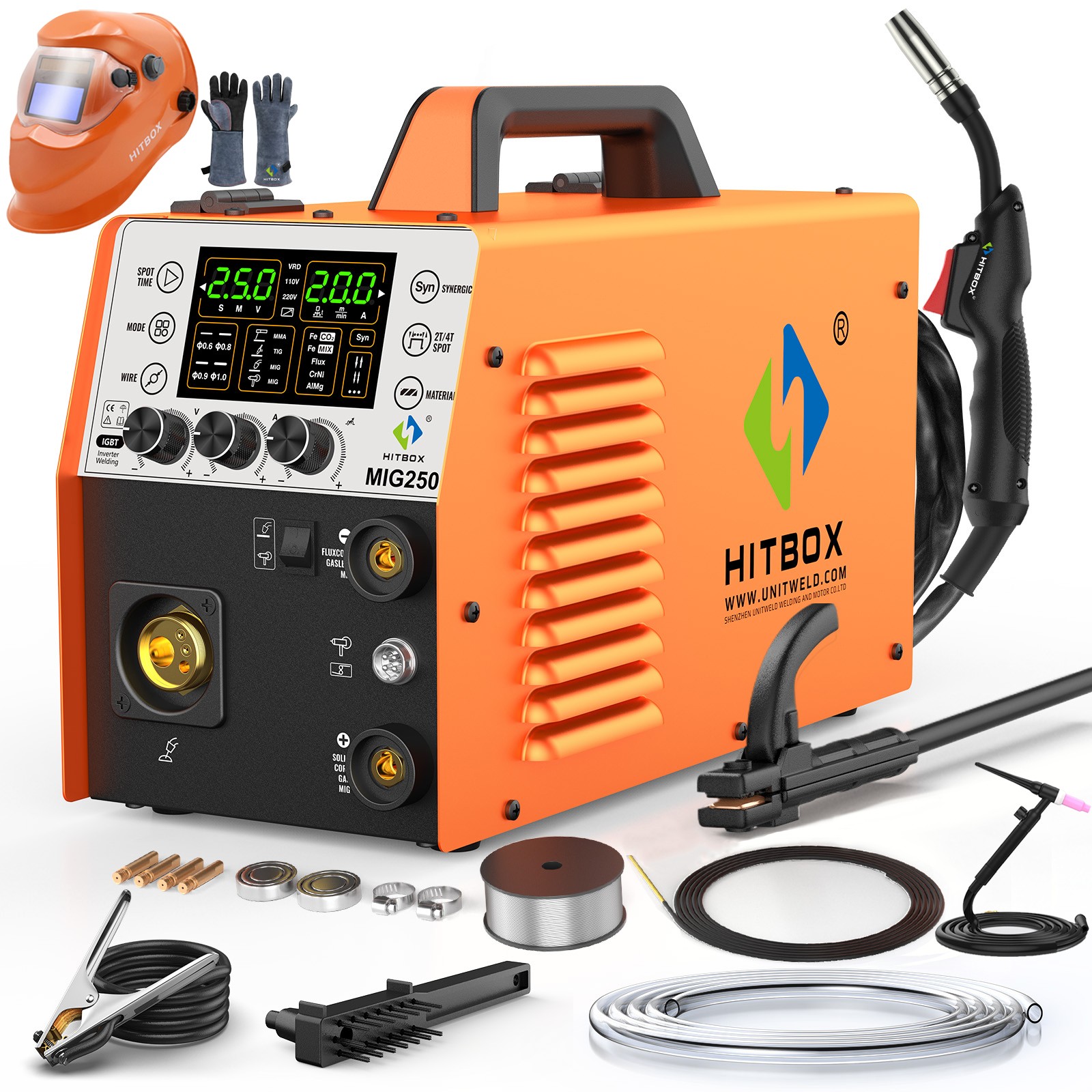 6IN1 MIG Welder 250Amp 230V Aluminum MIG Gas Gasless MIG MMA Welding Machine Set