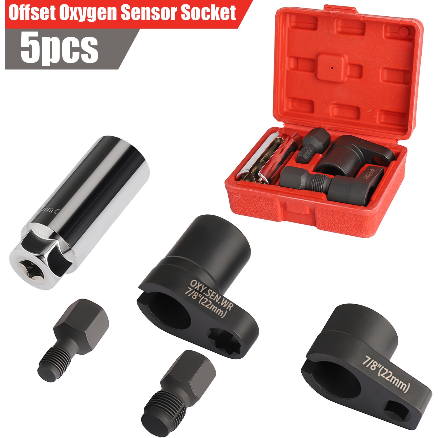 5PCS Automotive O2 Oxygen Sensor Socket Set Offset 02 Sensor Wrench Remover Tool