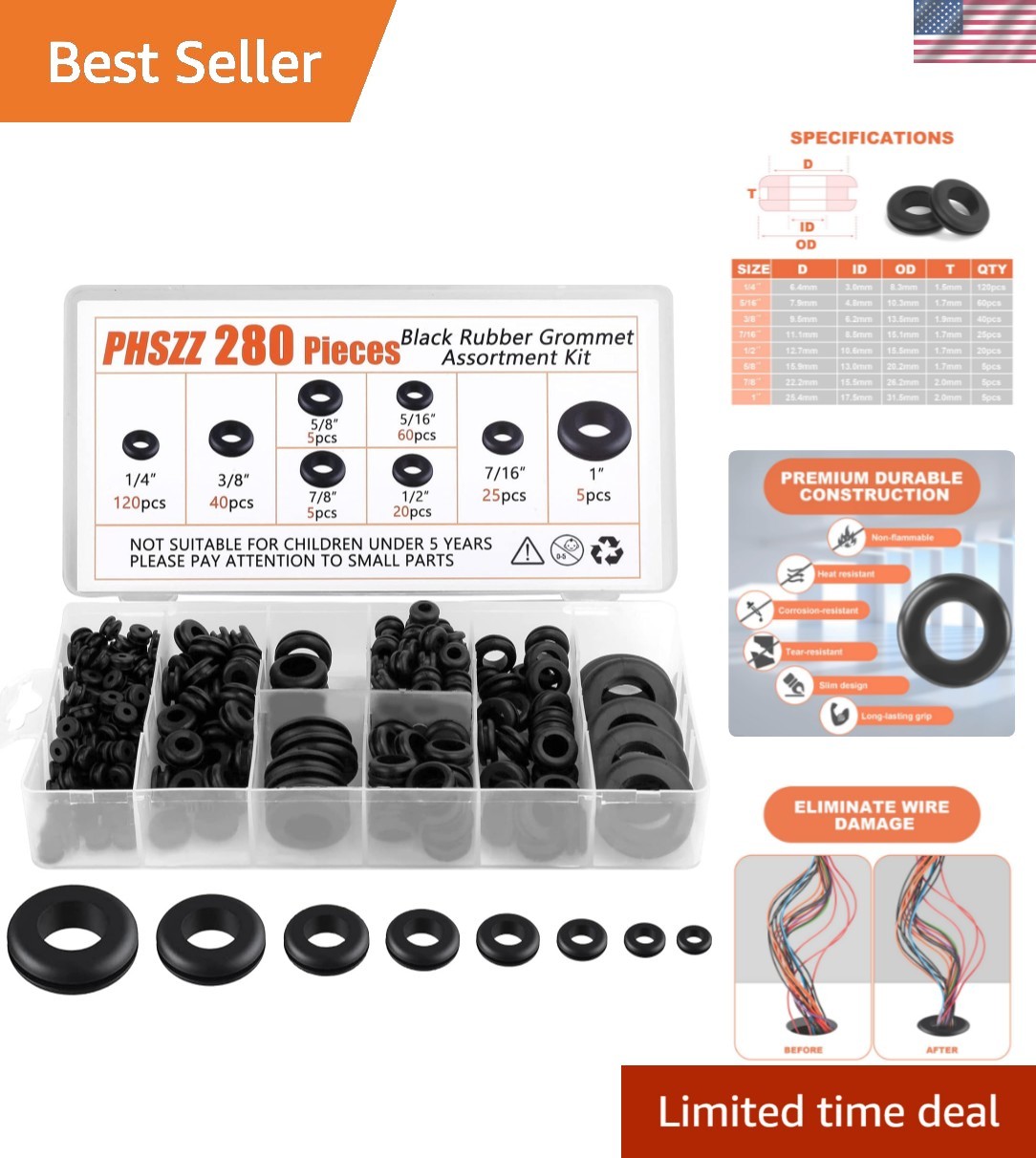 PSHZZ 280 PCS Rubber Grommets Kit, Rubber Hole Grommet Gaskets Assortment for…