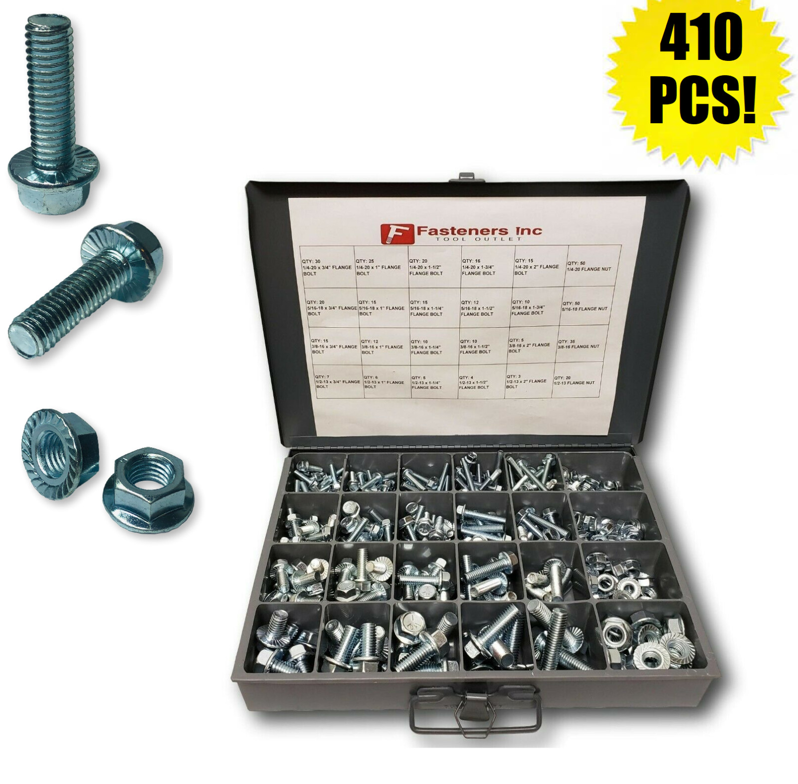 Grade 5 Zinc Serrated Hex Flange Bolt & Flange Nut Assortment Kit – 410 Pieces!