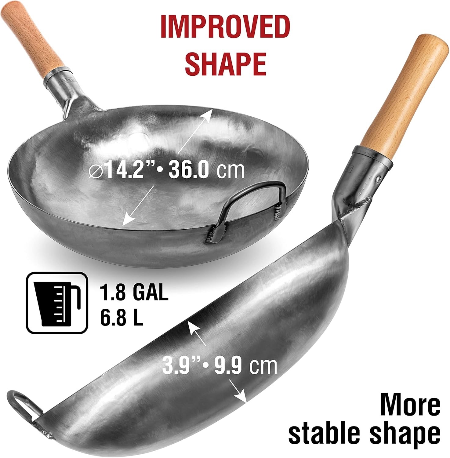14” Round Bottom Carbon Steel Woks & Stir Fry Pans –Unseasoned Pow Wok for Stir