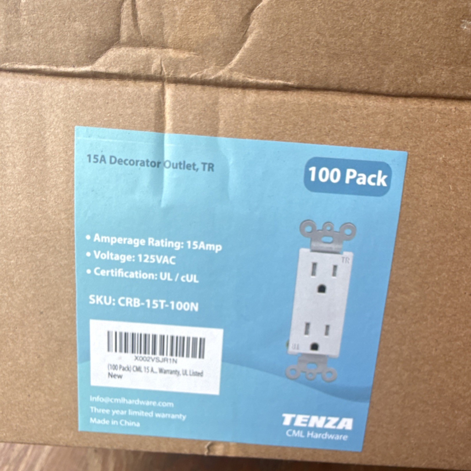 TENZA Tamper Resistant Decorator Outlet 15A 125V CRB-15T-100N 100 Pack
