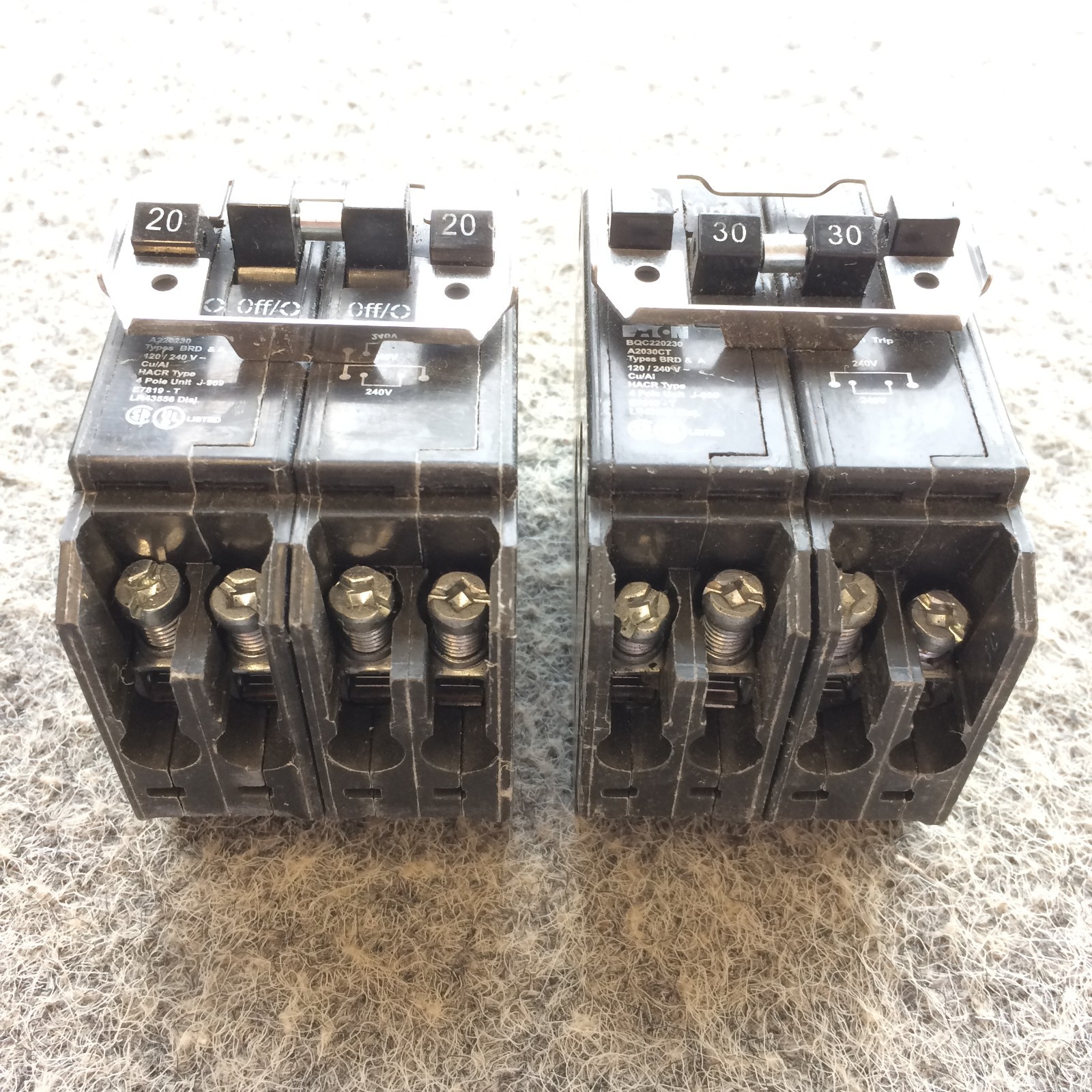 Lot of 2 Eaton Quad 2 Pole 20A BQ220230 & BQC22030 Common & Non Common Trip NOS