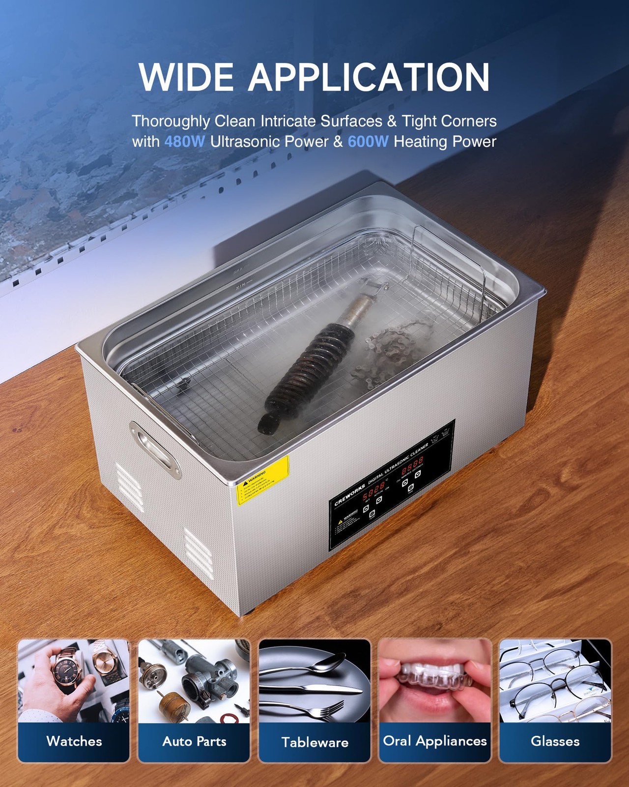CREWORKS 22L Digital Ultrasonic Cleaning Machine with Heater and 22L, Black