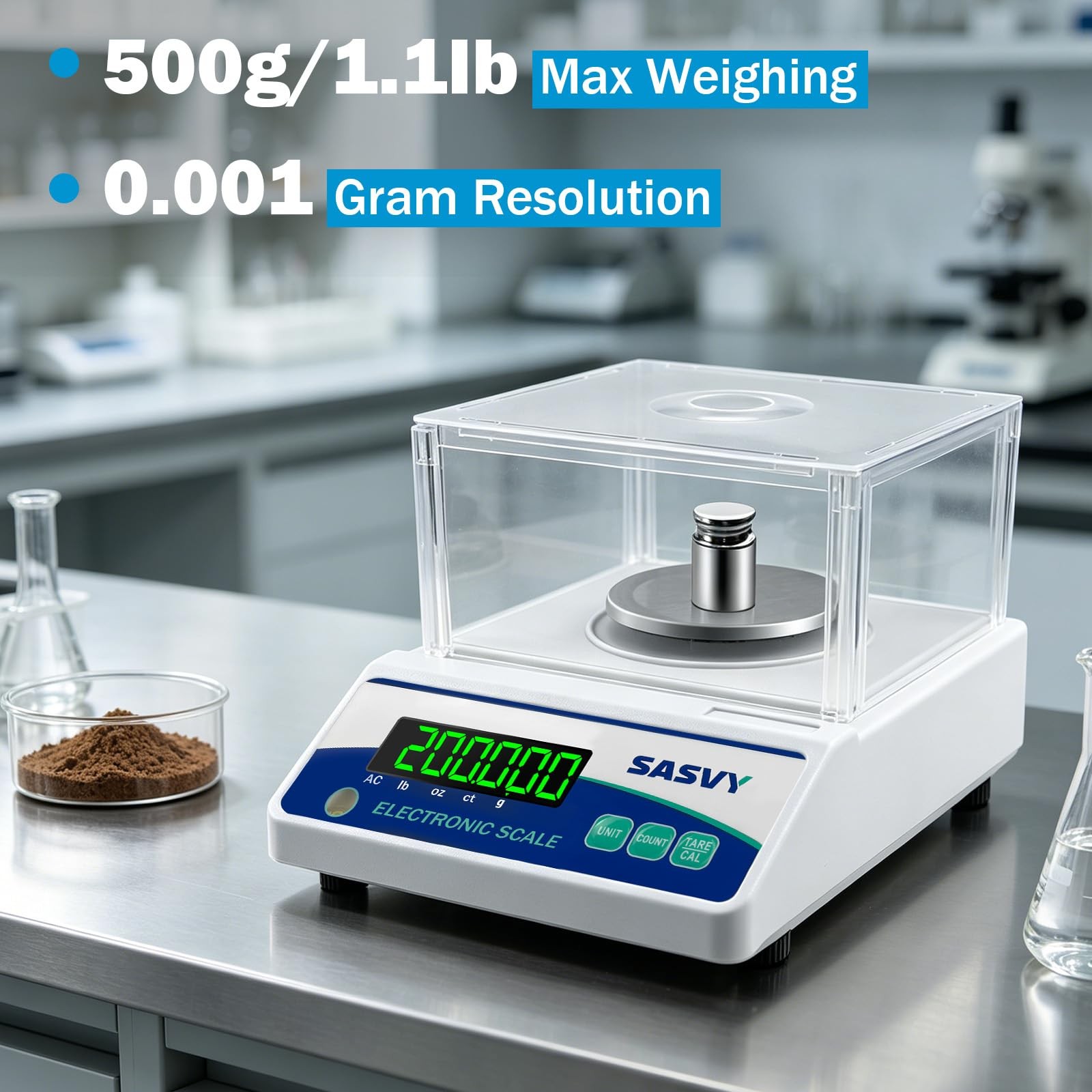 SASVY Lab Scale 500g x 0.001g Scientific g/oz/ct/lb 0.001g, blue