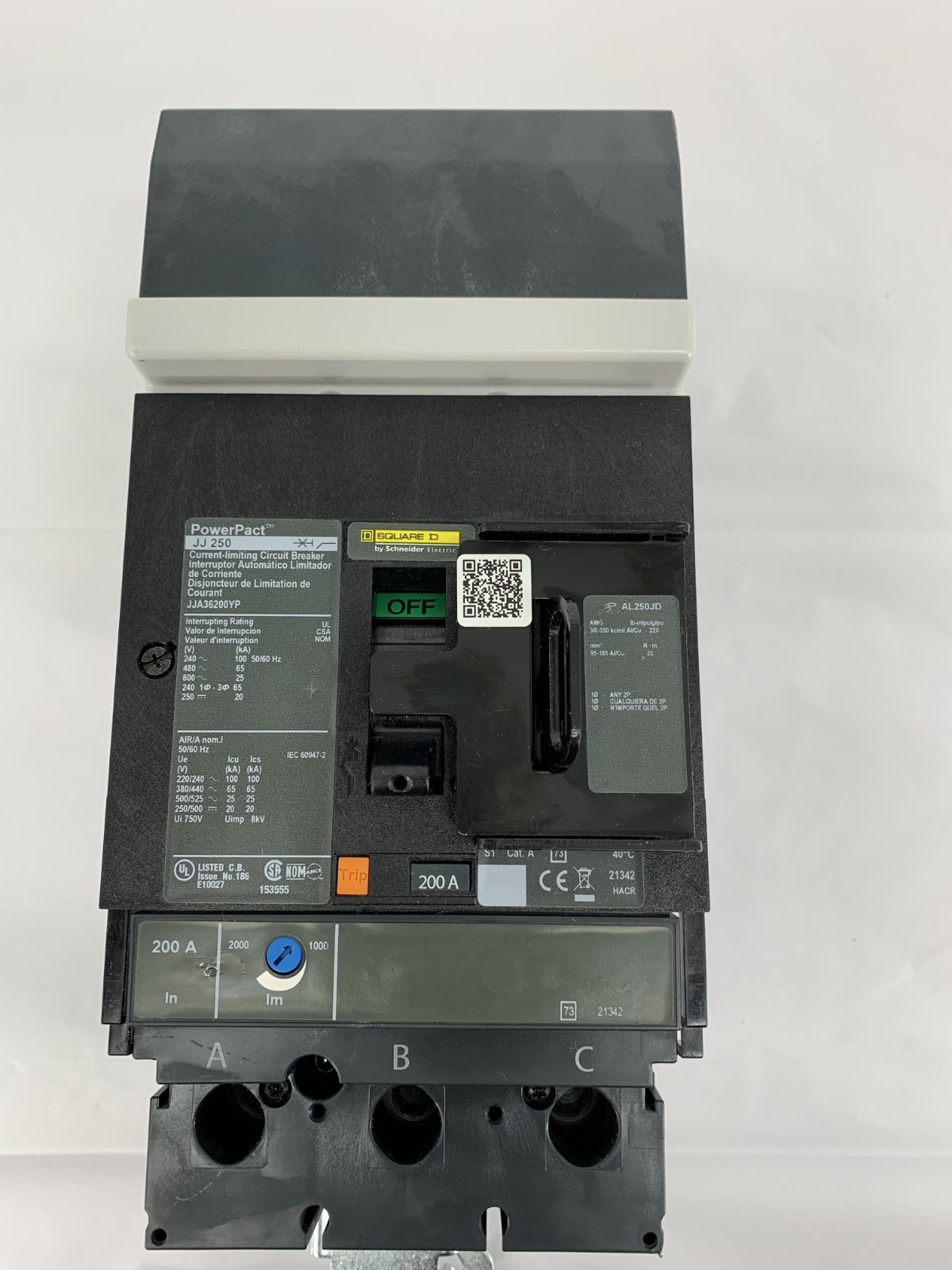 Square D JJA36200YP PowerPact JJ 250 I-Line Circuit Breaker 200A 480V 3P 3PH
