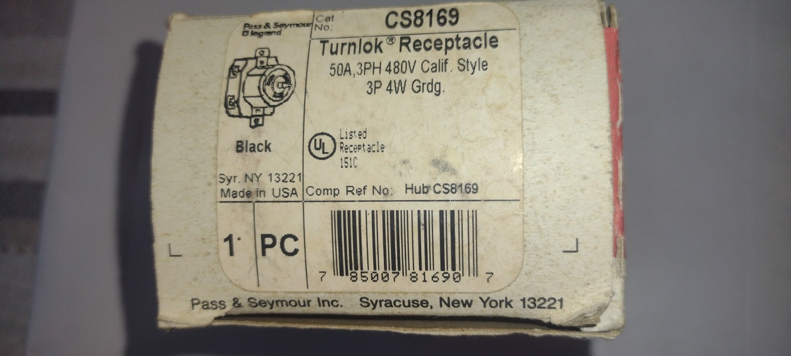 Pass & Seymour Legrand CS8169 50A 480V 3-Phase California Receptacle, New In Box