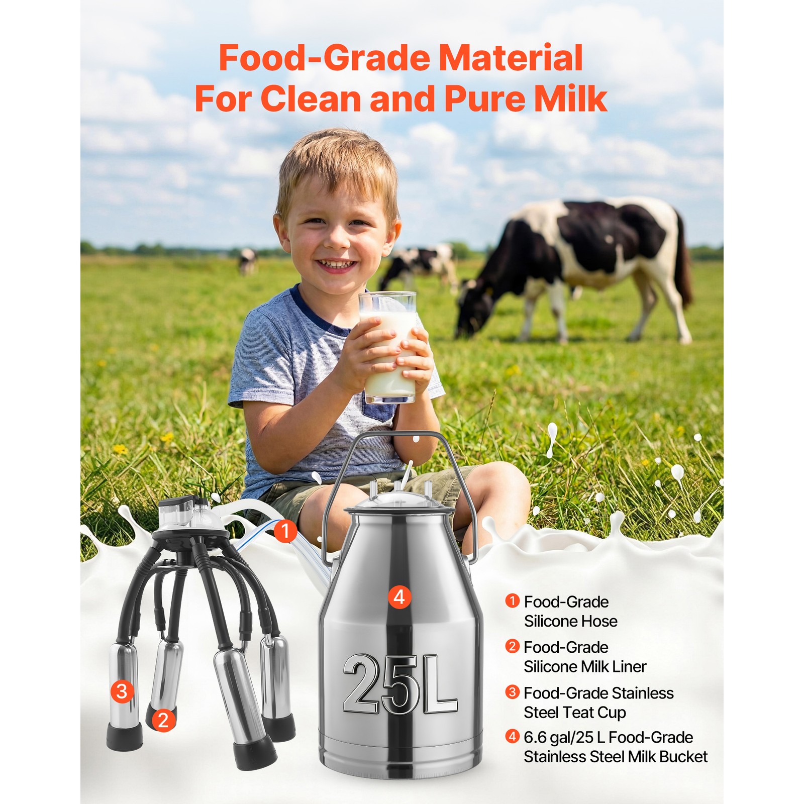 Uimoso Electric Milking Machine with 6.6 Gal / 25 L Bucket for Cows