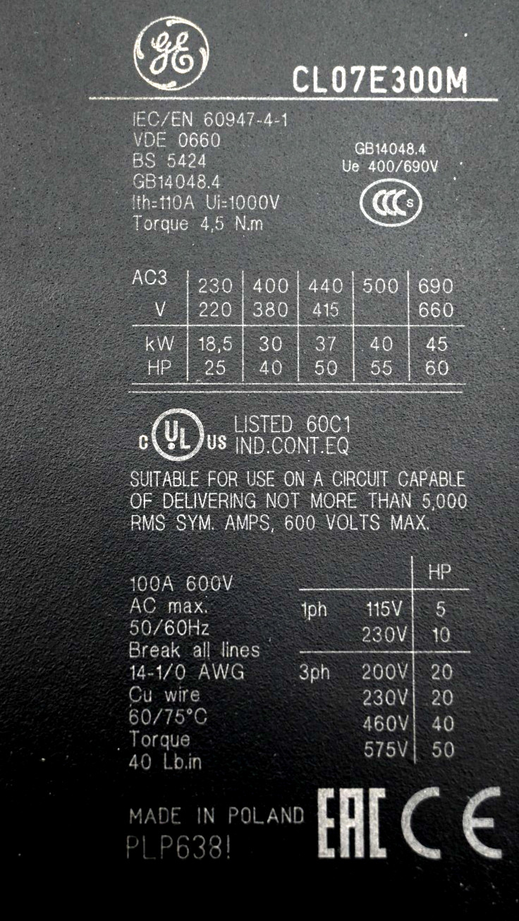 GE /General Electric CL07E300M Contactor with LB4EJ 110-125V 50/60hz/DC