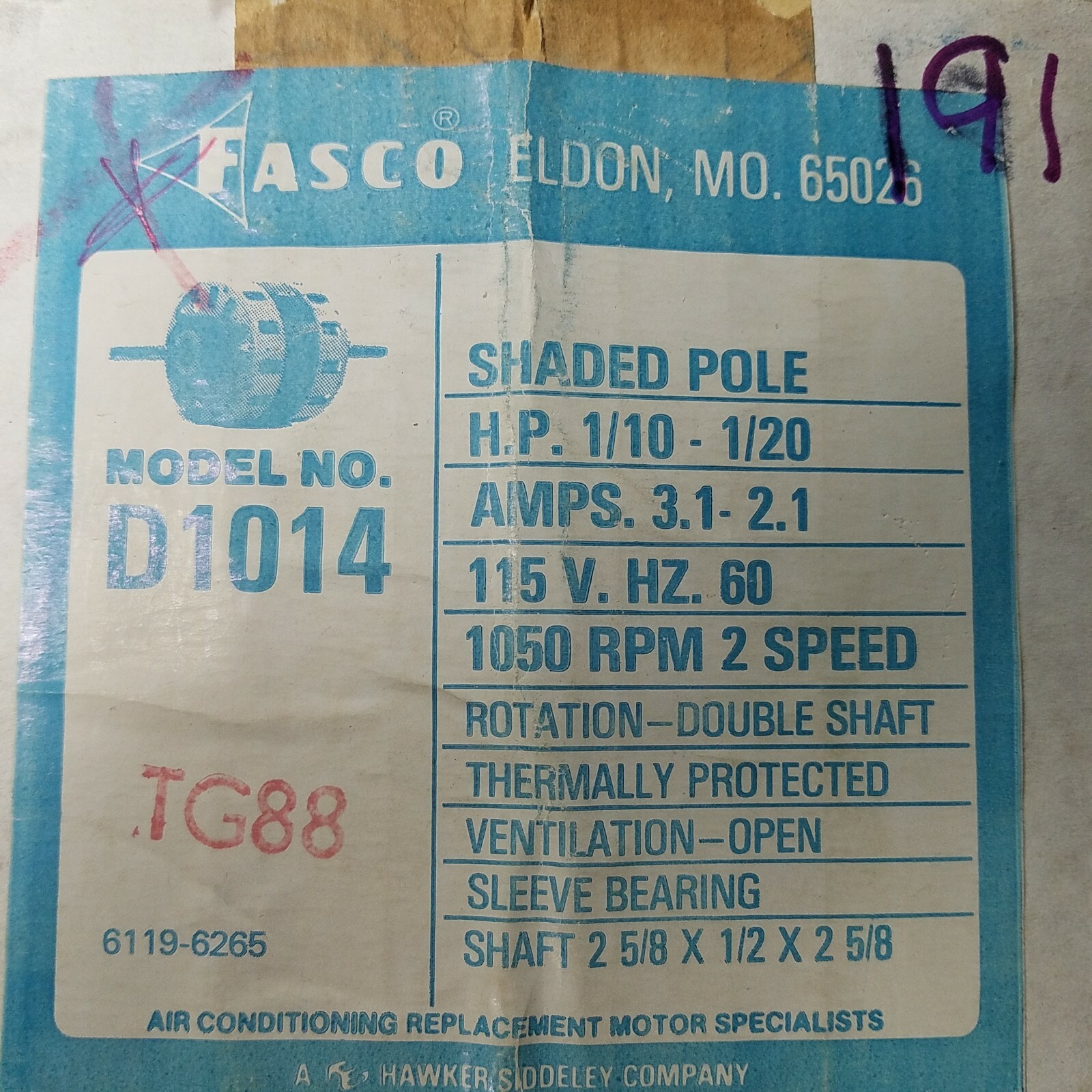 Fasco D1014 Motor, 1/10-1/20HP, OPEN-VEN, 1050 RPM, 115V, 60 HZ, 2 SPEED