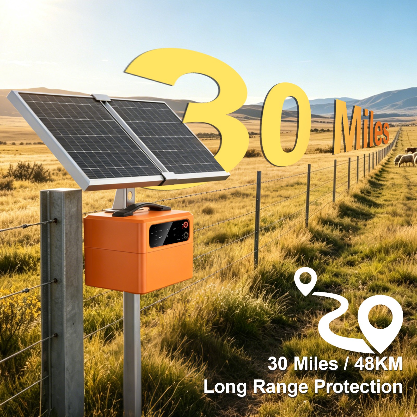 15W Solar Powered Fence Charger 30 Miles 0.3J-1.5J Electric Fence Energizer US