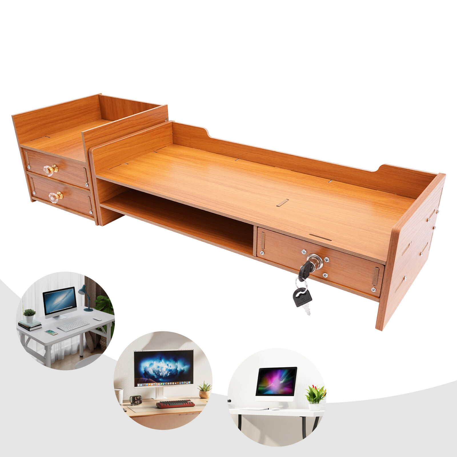Wooden Desk Organizer with Drawers Office Supplies Computer Desktop Tabletop