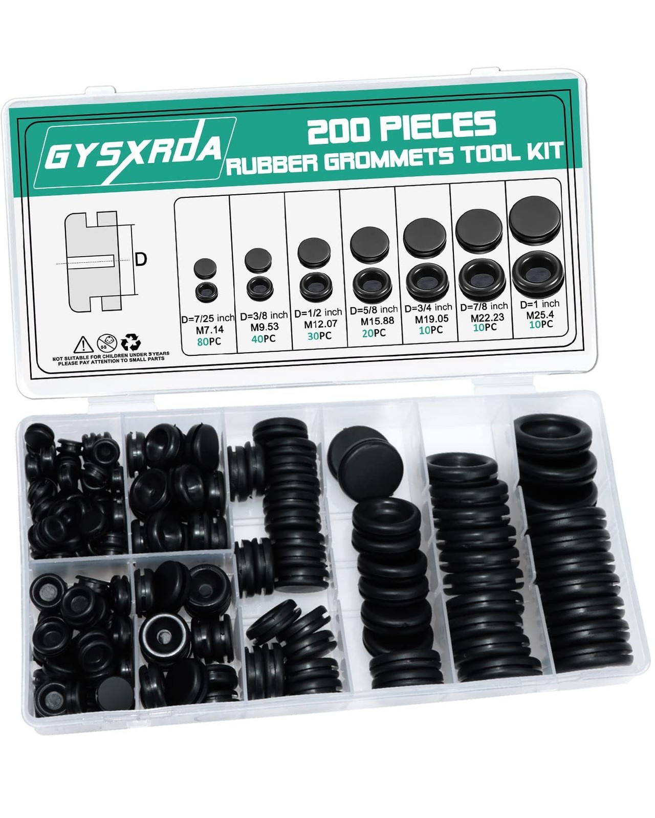 Gysxrda NBR Rubber Grommet Kit 200 Pack – 7 Sizes Firewall Hole Plugs