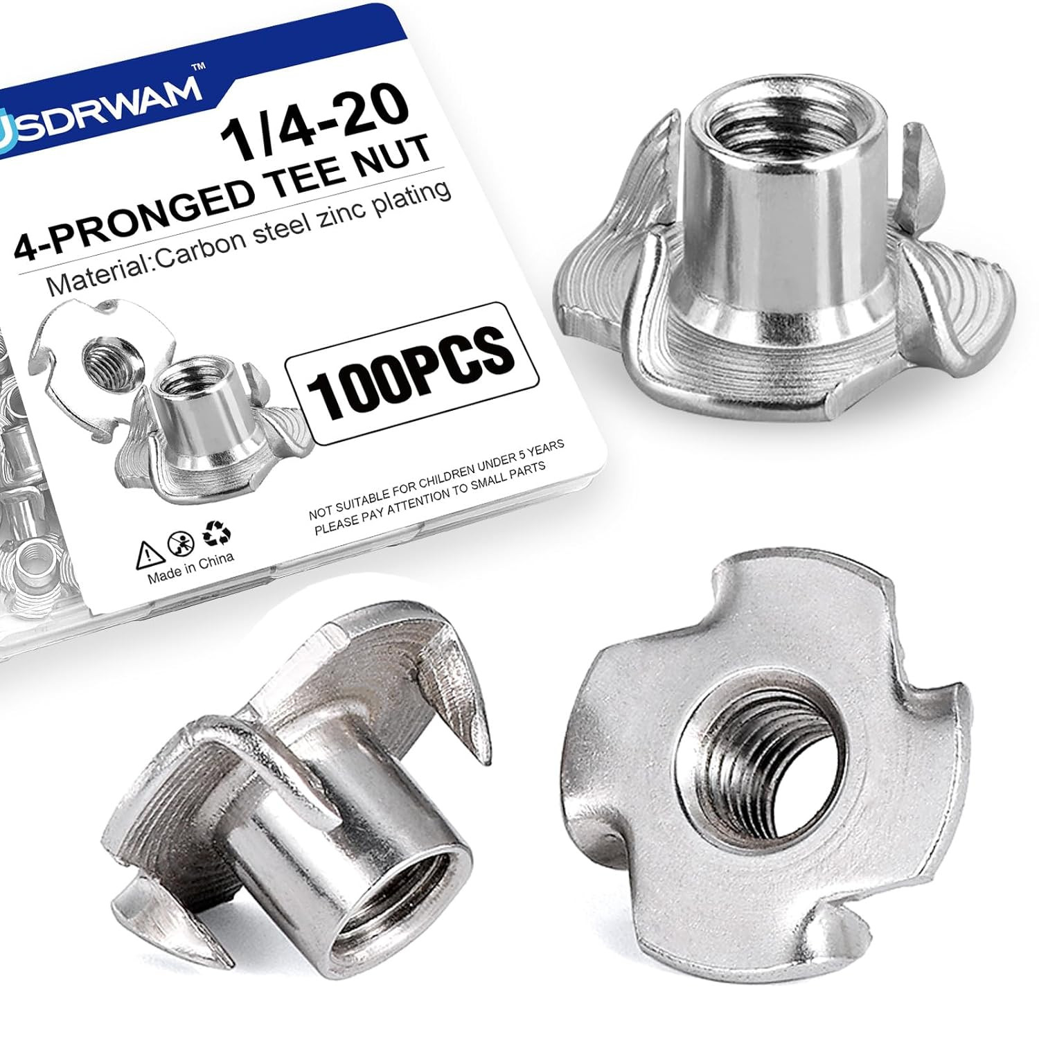 100 Pack 1/4″-20 T Nuts for Wood, Zinc-Plated Carbon Steel 4-Prong Tee Nuts for