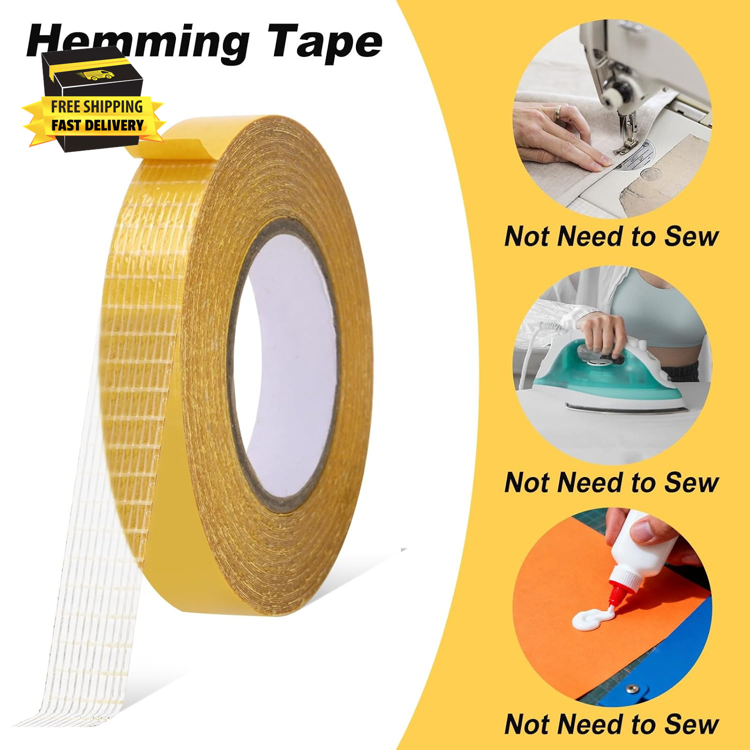 4 Pack， 0.5 in X 33Ft/10M，Double Sided Fabric Tape Heavy Duty for Hem，Fashion Dr