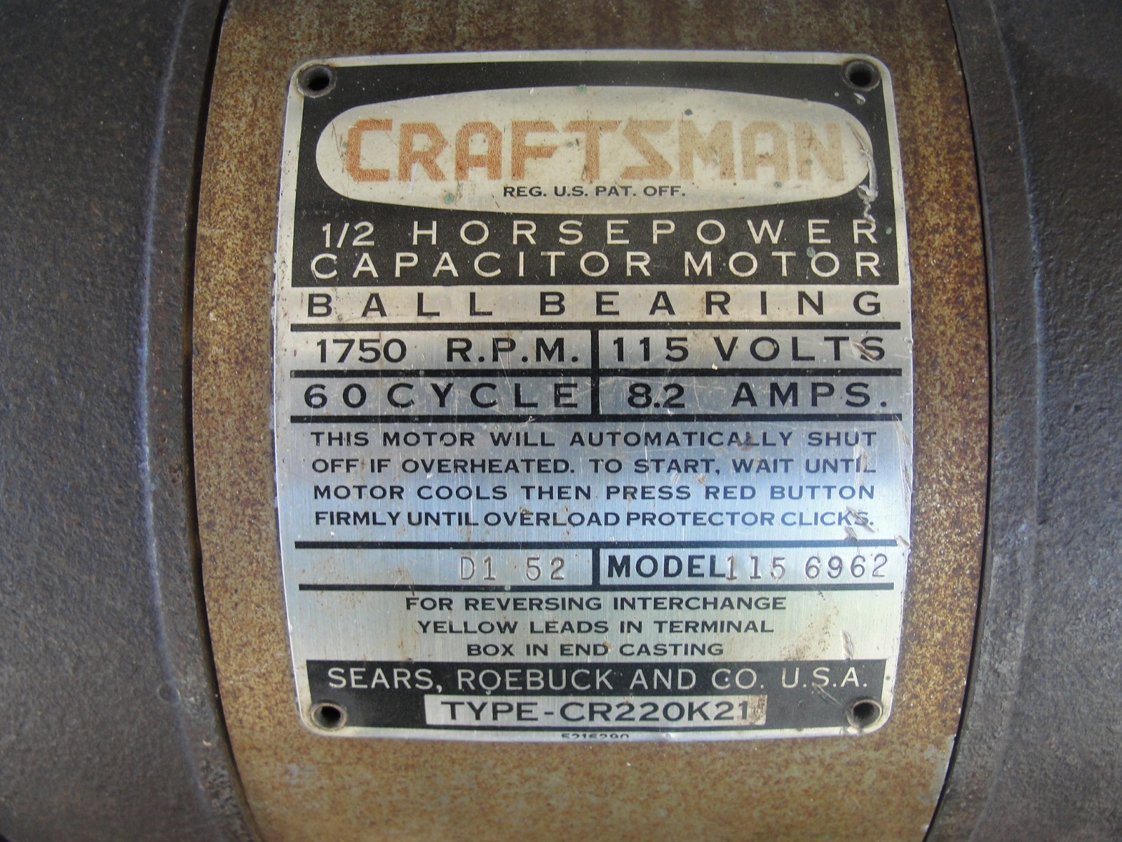 Craftsman 1/2 Hp Electric Motor 1750 RPM 115V 8.2 AMP Model 115.6962 Read Descri