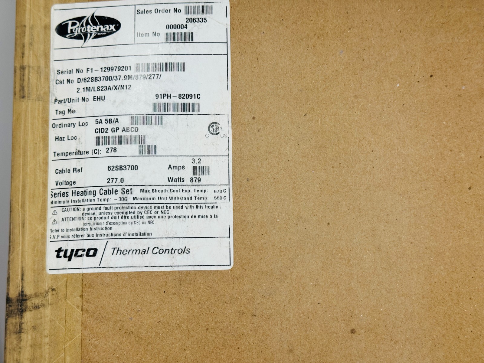 Pyrotenax D/62SB3700/37.9M/879/277/2.1M/LS23A/X/N12 Heating Cable 879 Watts
