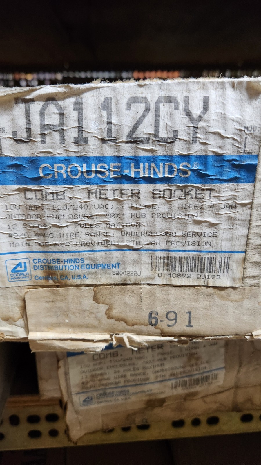 Crouse Hinds JA112CY / JA112CW 1 Ph 100A Meter Combo 120/240V NOS Parts Only