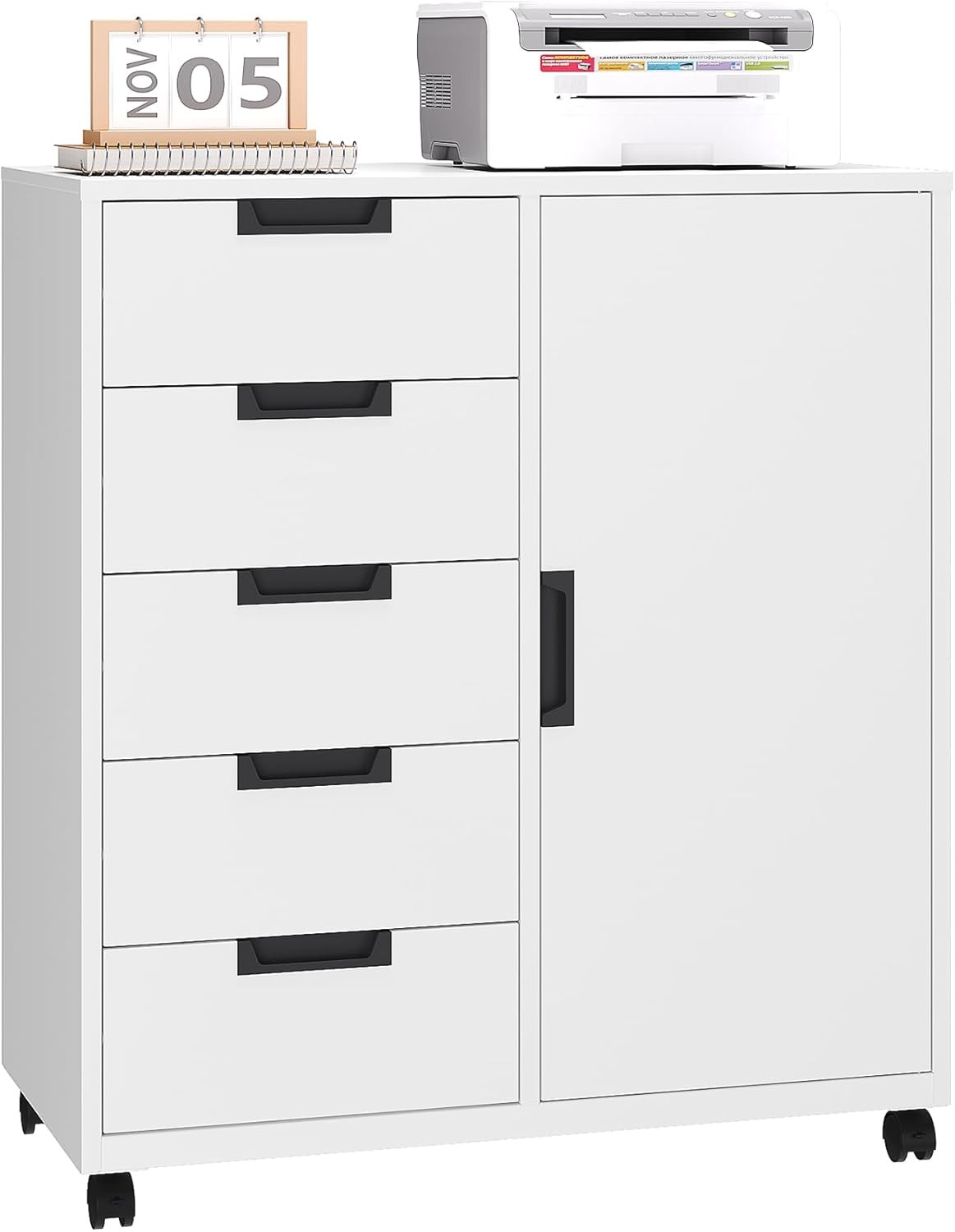 Office Storage Cabinet 5 Drawer Metal with Wheels Printer Stand White