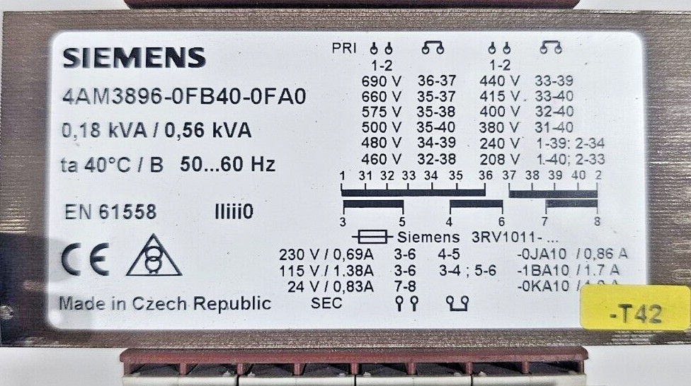 Siemens 4AM3896-0FB40-0FA0 0,18kVA/0,56kVA Transformer PRI,208-690V SEC,24-230V