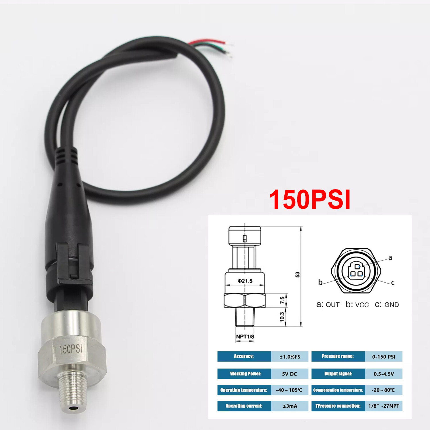 5V Pressure Transducer or Sender 30psi-1600Psi for Fuel Diesel Oil Air Water