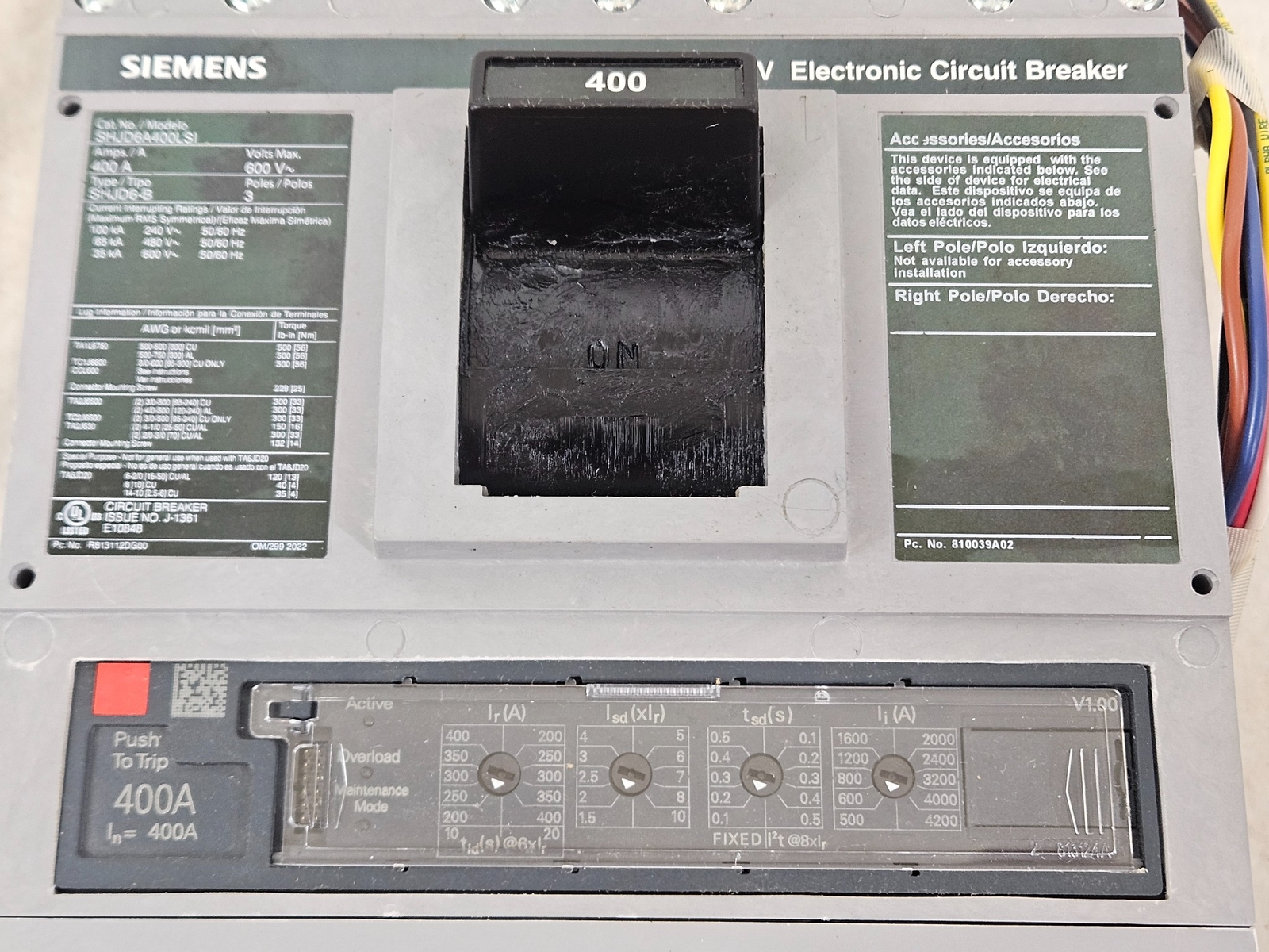 Siemens SHJD6A400LSI 400A LSI 65kAIC @ 480V 3-Pole Circuit Breaker