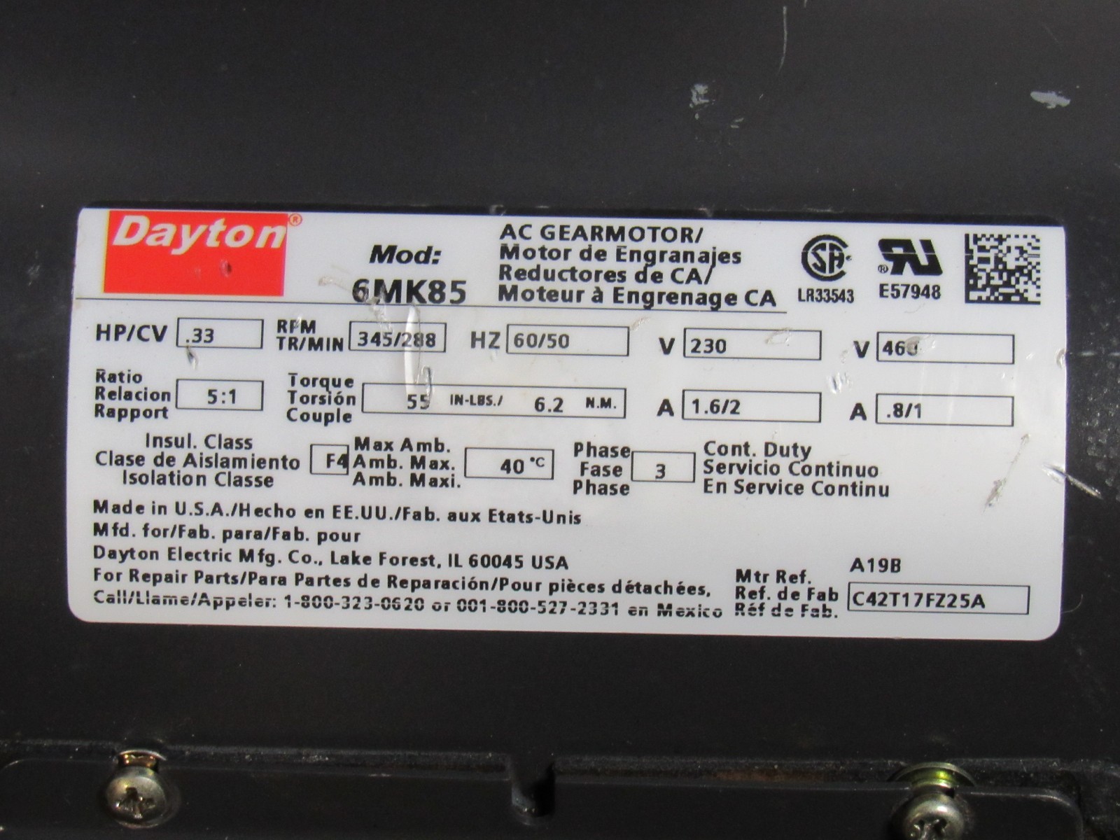 #4 Dayton 4M262J Condenser Fan Motor 1/3 Hp 208-230V 1Ph 825Rpm 48YZ Frame
