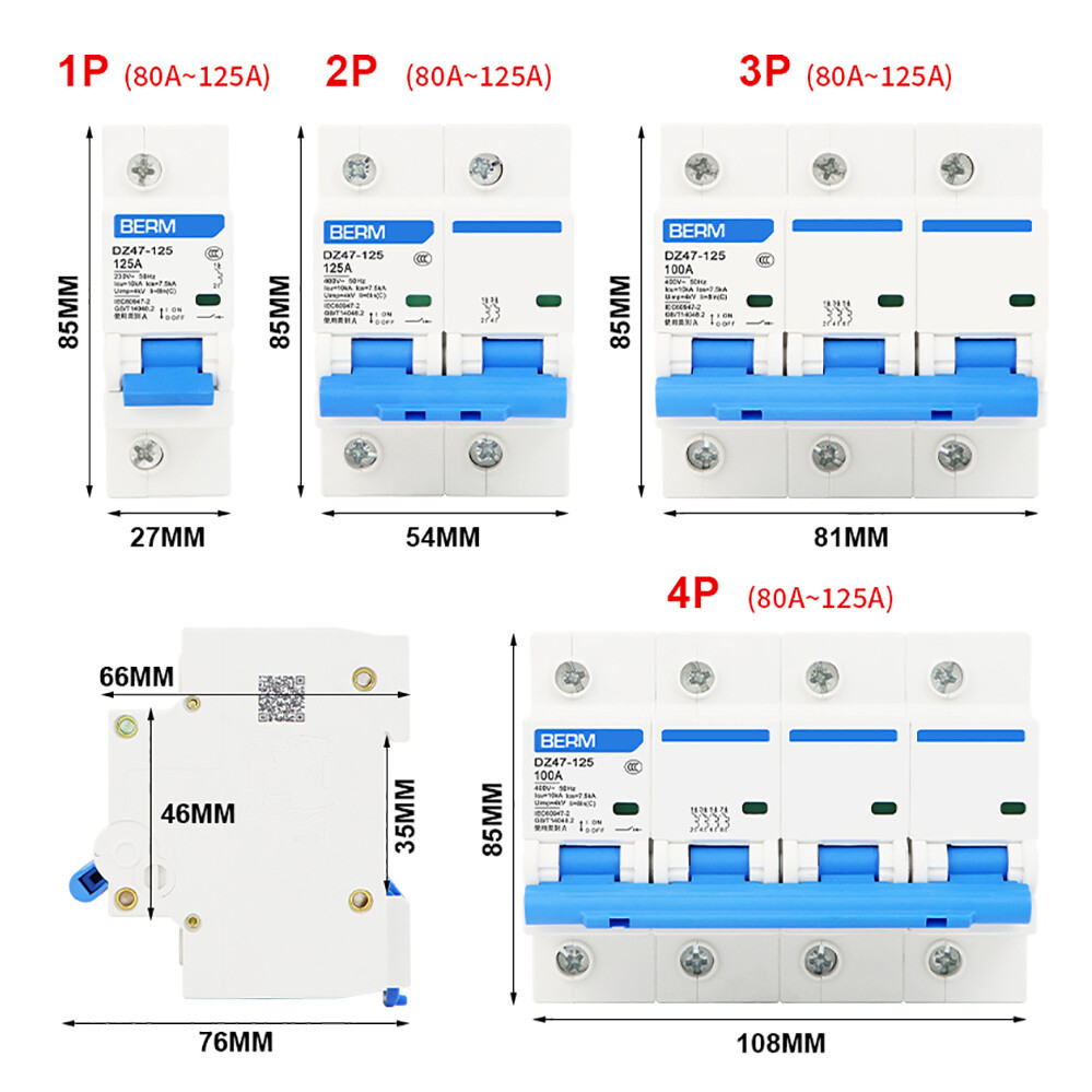 Pole Breaker 6A 10A 16A 20A 25A 32A 40A 50A 63A 80A 100A 125A Amp 1P 2P 3P 4P