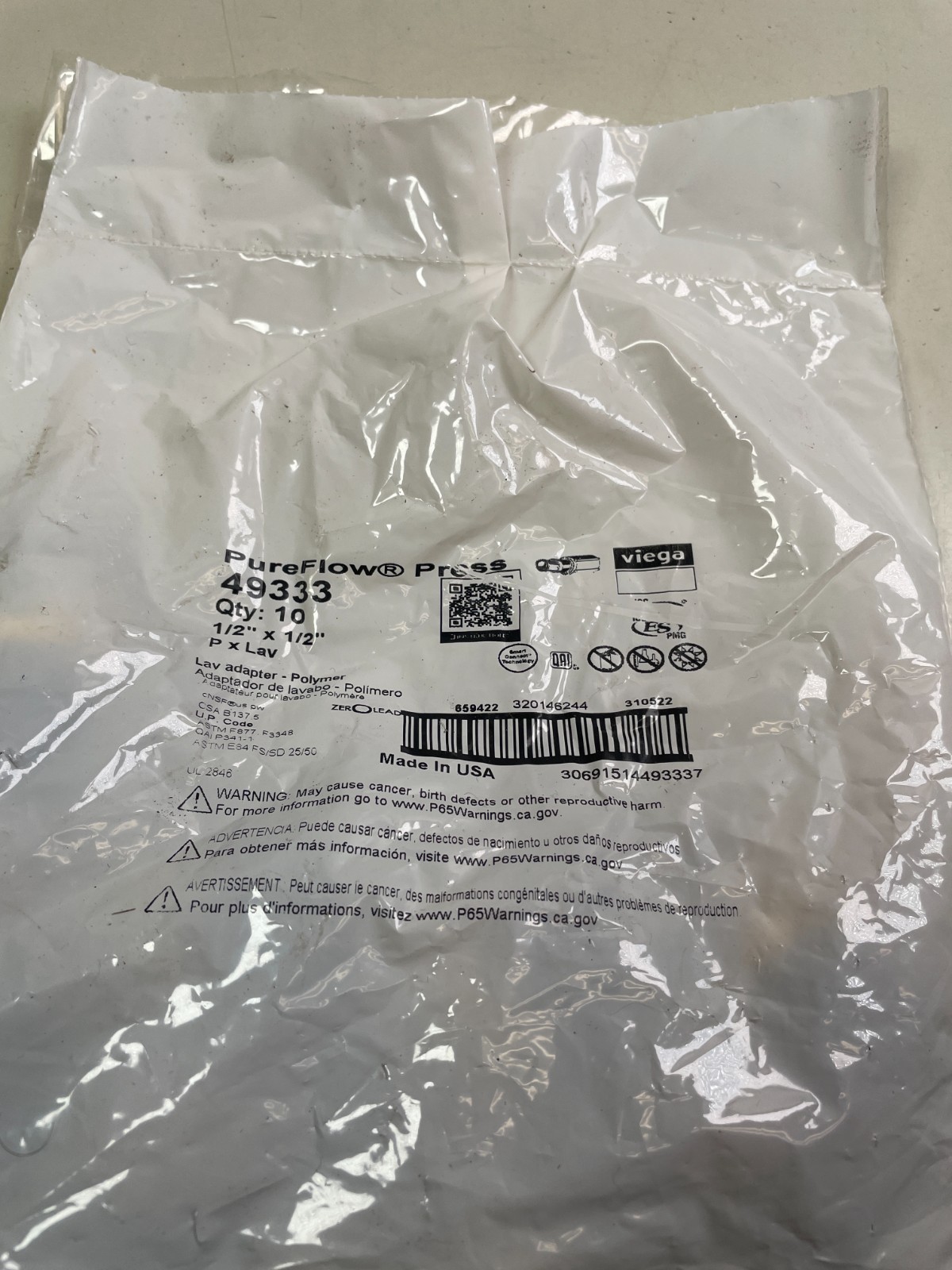 Viega PureFlow 49333 1/2″ x 1/2″ Polymer x Lav Adapter (Bag of 10 Pcs)